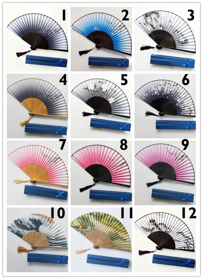 跨境扇子 真丝扇子 黑骨黑面白梅一笑扇 一笑扇子 绢面扇子带盒子