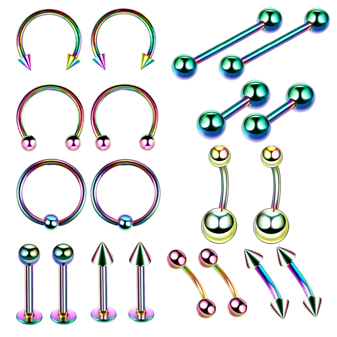 Beliebtes 20-teiliges Set aus Edelstahl-Lippen- und Nasensteckern, Ohrringen und Ringen – Piercingschmuck im grenzüberschreitenden Großhandel_voghion.com