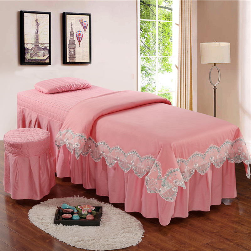 高檔純色全棉美容床罩四件套簡約蕾絲可定做帶胸洞繡LOGO韓式公主