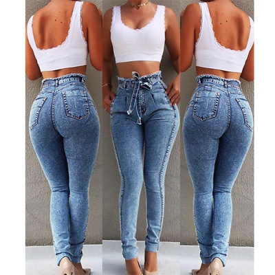Cross Border Wish Amazon EBay Women's Jeans Slim Fit Stretch Tassel Belt High Waist Jeans Women