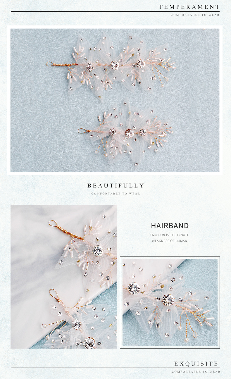 Braut Hochzeits Kleid Spitze Stoff Haarband Koreanische Version Feen Blumen Hochzeit Kopf Bedeckung Handgemachte Diamant Perlen Kopf Blumen Schmuck display picture 3