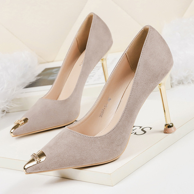 Sexy shallow suede high-heeled Metal pointed slipper slim-heeled 