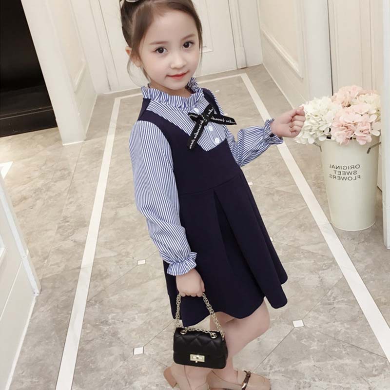 春季儿童连衣裙新款韩版女童条纹假两件连衣裙长袖裙子春装童装
