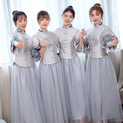 中式伴娘服灰色長款2021新款姐妹團禮服修身顯瘦新娘婚禮伴娘服