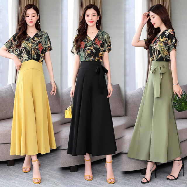 Summer Short Sleeve Chiffon Drop Sense Broad Legged Pants Suit