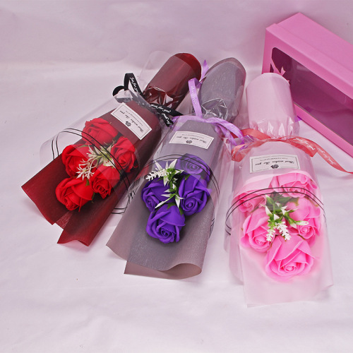 跨境仿真玫瑰香皂花情人节礼物玫瑰花束5朵母亲节小花束礼物