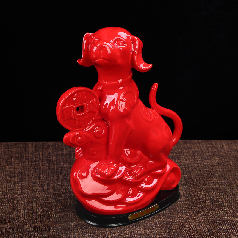 陶瓷狗擺件工藝品中國紅客廳風水鎮宅招財辦公室生肖狗廠家直銷
