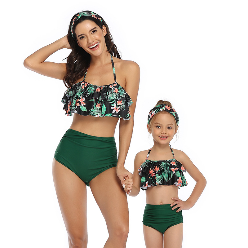 Traje de baño de dos piezas tankini con estampado de cintura alta con volantes y cuello halter para padres e hijos (policromo) NSHYU121331