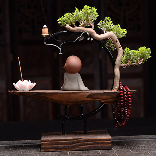 Chinese Zen style weathered wood ornaments creative backflow incense burner little monk large household agarwood and sandalwood aromatherapy burner