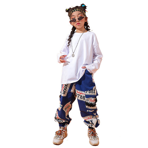 Children's jazz street hiphop rapper dance costumes boys hip-hop suits girls white with blue printed color loose dance practice clothes trendy clothes for boy girls