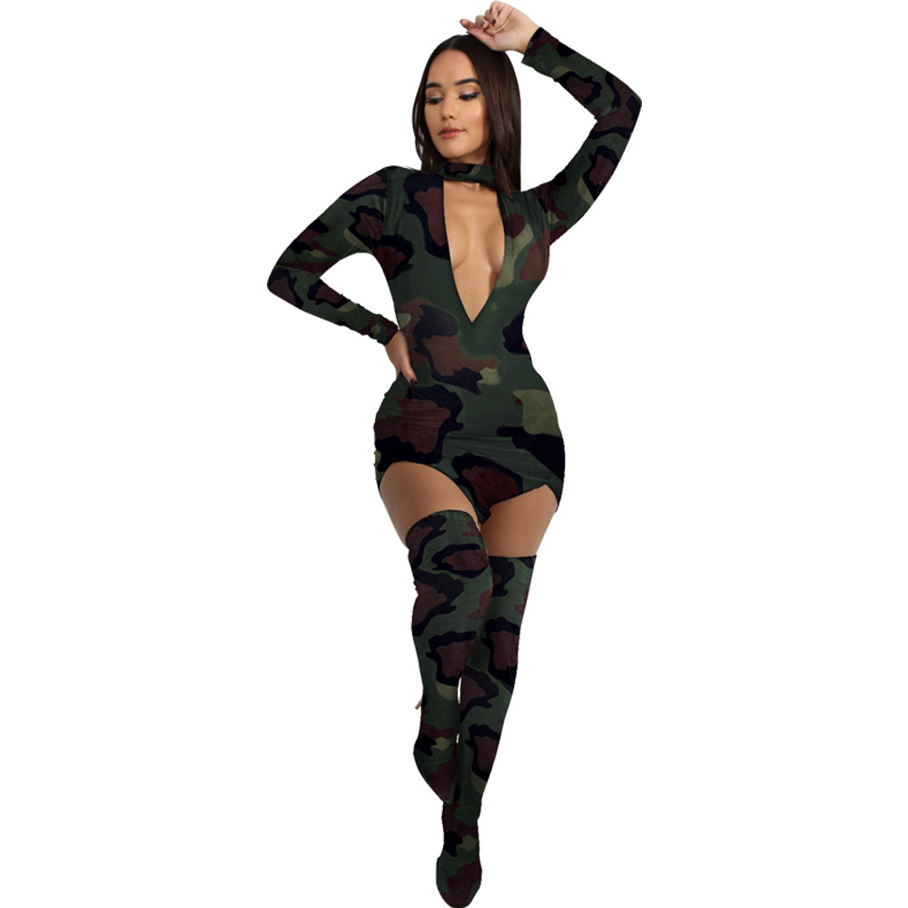 Deep V Printed Long Sleeve Stocking Two-piece Set Nihaostyles wholesale clothing vendor NSTYF72944