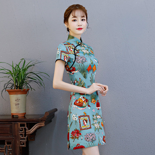 Green floral chinese dress qipao dress for women Cotton linen fashion girl slim oriental cheongsam printing Improved dress