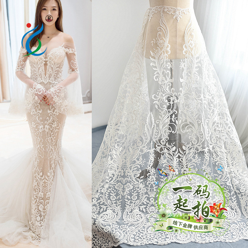 European-style High-end Sequin Embroidered Mesh Luxury Vintage Wedding Dress Material Lace Bead Embroidered Fabric