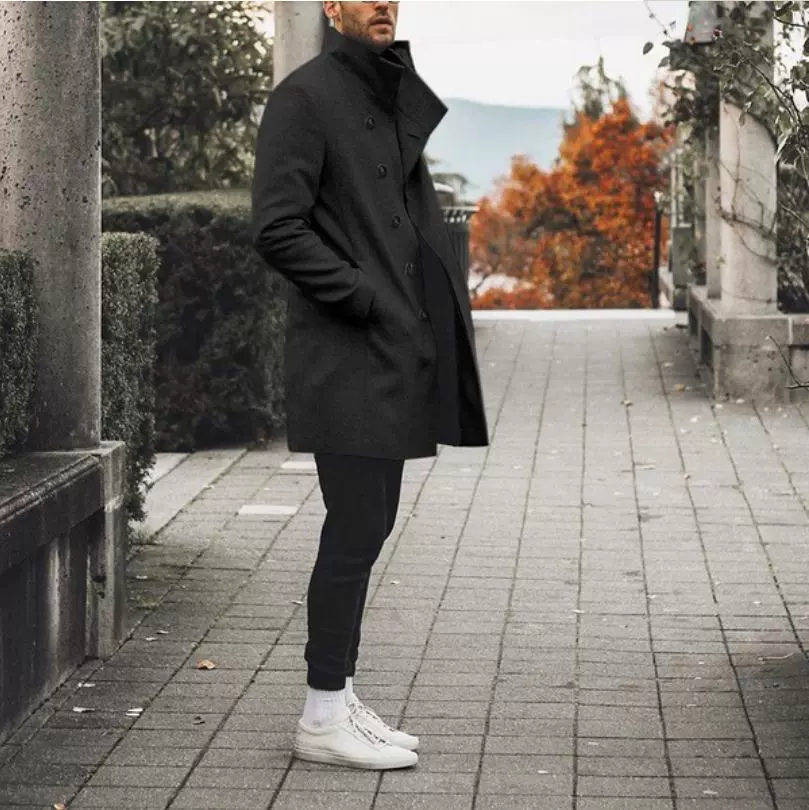 Модный длинный шерстяной тренч, европейский стиль, slim fit, средняя длина