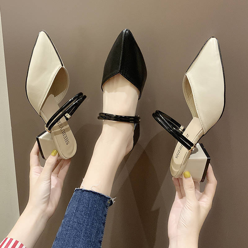 Internet Celebrity Slippers Women's Summer 2021 New Two-Wearing Thick-heeled Shoes Women's Korean-style All-match Outwear Half Sandals Mid-heeled