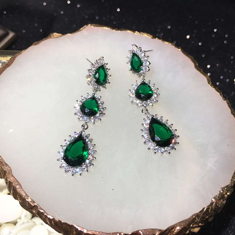 S925 Silver Needle Emerald Earrings Long Ultra Flash Accessories Water Drop Tassel Earrings display picture 9