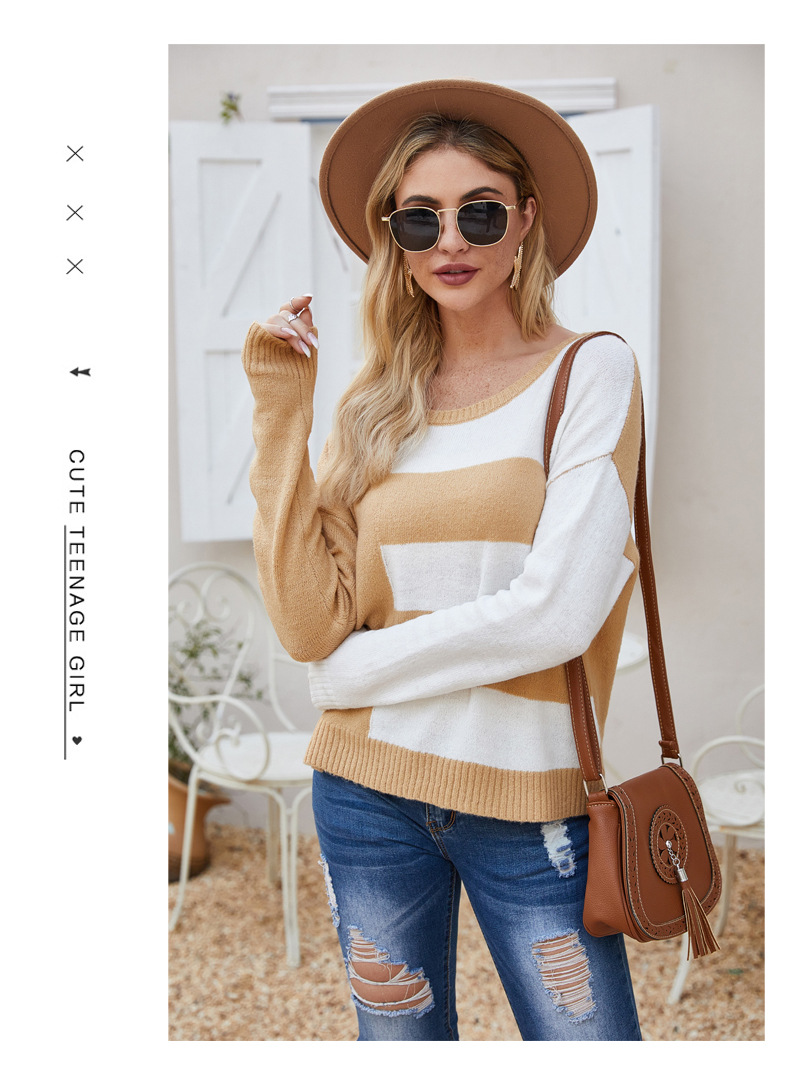 autumn and winter new women s round neck pullover sweater striped contrast color knitted bottoming shirt NSYH7189