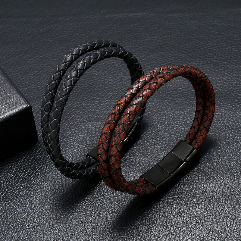 Simple Creative Woven Stainless Steel Men&#39;s Pu Leather Bracelet display picture 1