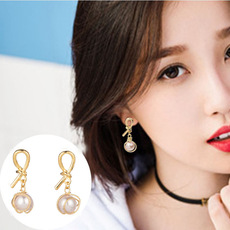 东大门夏季新款S925银针耳钉淑女创意金属打结珍珠耳坠批发E0035