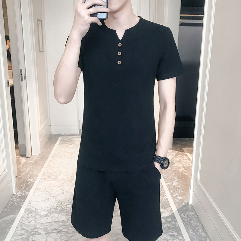 Leisure suits men summer Short sleeved T-shirt Sports suit Trend Korean Edition leisure time Cotton and hemp Two piece set