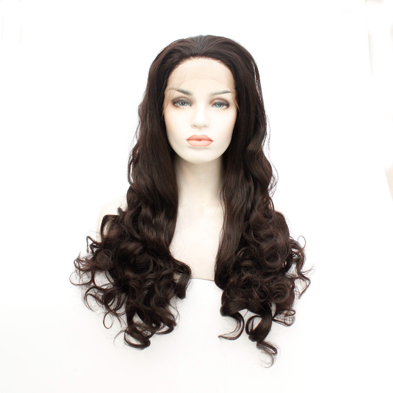 European and American fashion dark brown ladies hand woven long curly hair big wave front lace wig headgear a generation of hair
