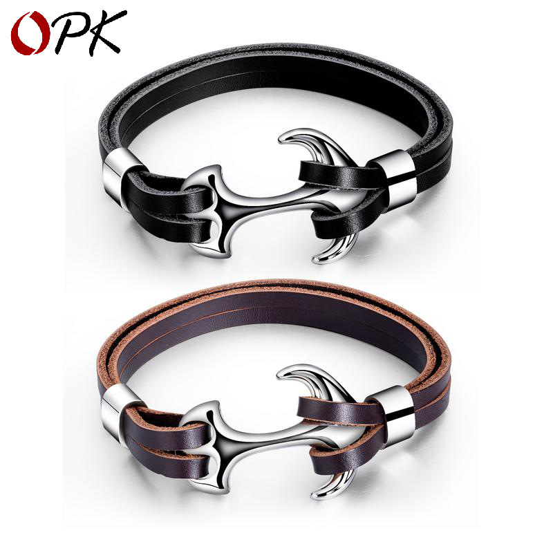 Hot selling accessories Korean version fashion personality retro anchor type titanium steel bracelet double leather bracelet