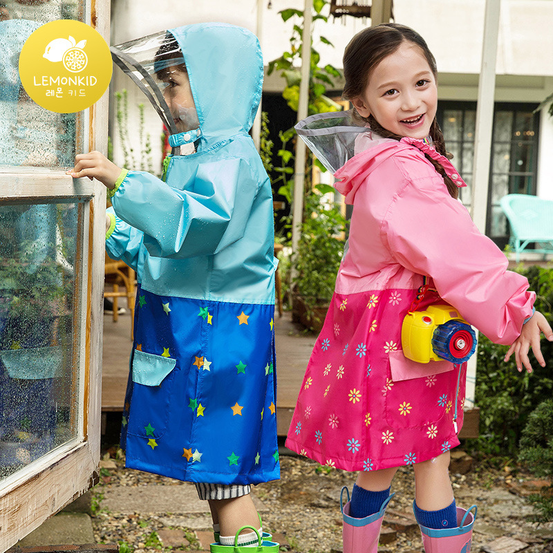 lemonkid新款透明大帽檐儿童学生雨衣带书包位带反光条加厚可批发|ru