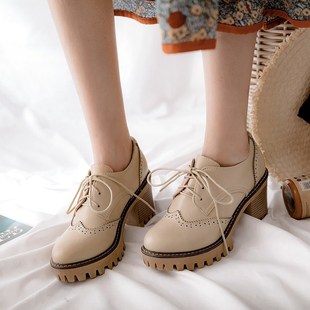 Foot road edge foreign trade spring new single-layer shoes women's chunky heel brogue british style women's shoes plus size thick bottom casual breathable