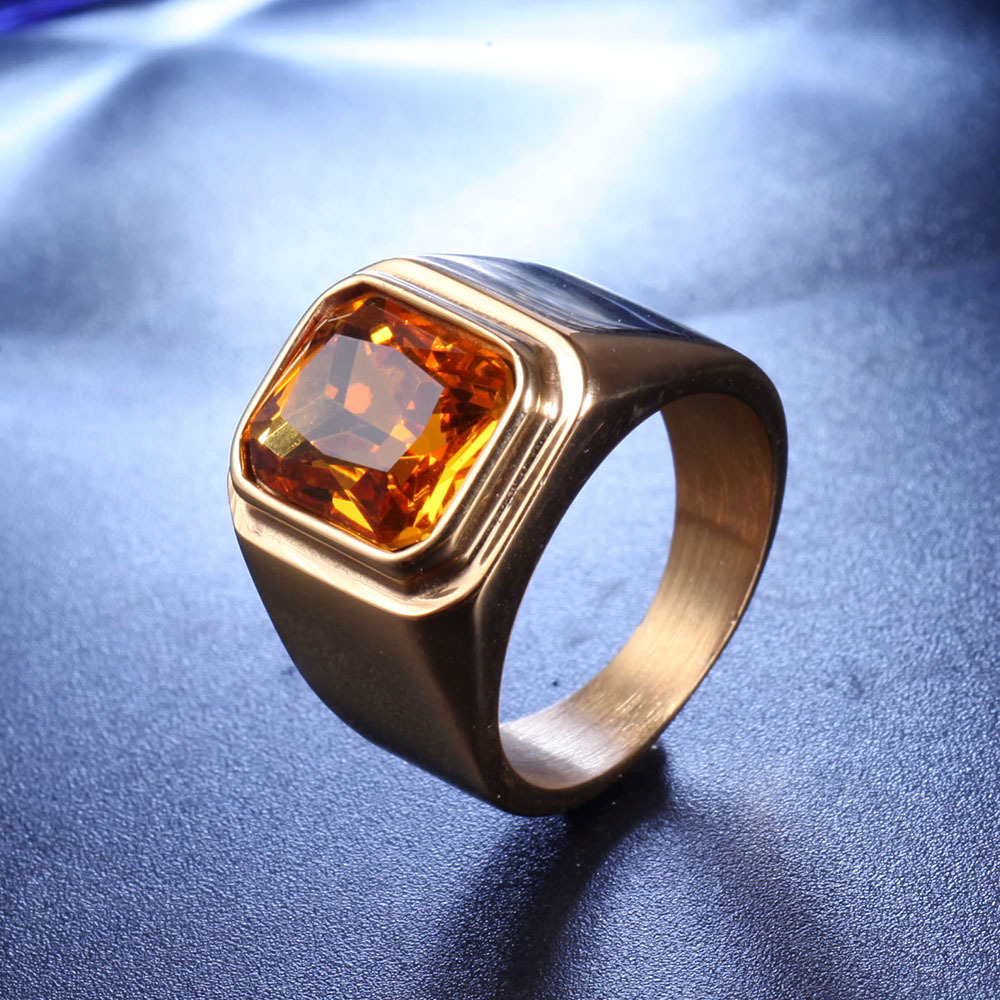 Rings Classification Retro Square Titanium Steel Inlay Gem Glass Stone 18K Gold Plated Men'S Rings
