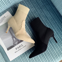 202-7 ins in Europe and America network HongQiuDong hot style suede knitting female fashion pointed high heel short boots for boots