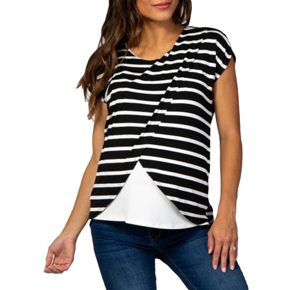 Stitching Short Sleeve Striped Breastfeeding Maternity Tops NSHYF116745