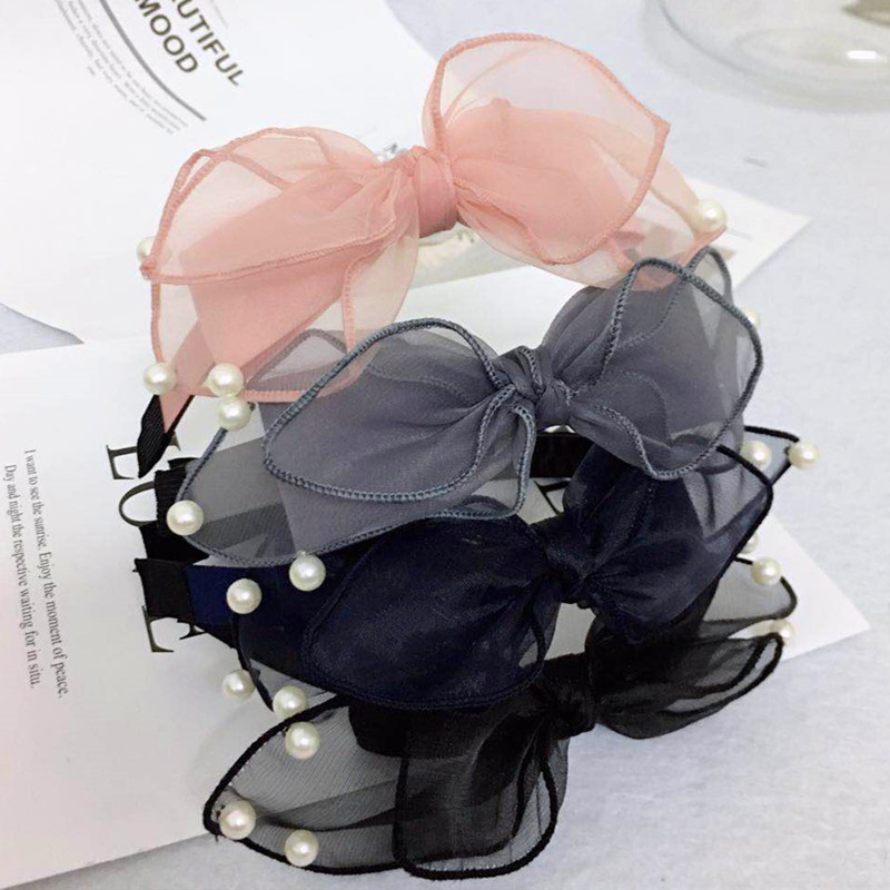 New Headband Korean Mesh Gauze Pearl Hair Accessories Non-slip Bow Headband Women display picture 1