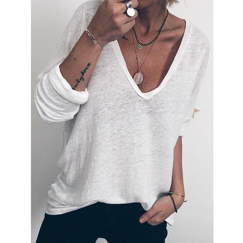  casual loose long-sleeved V-neck printed T-shirt NSKX5951