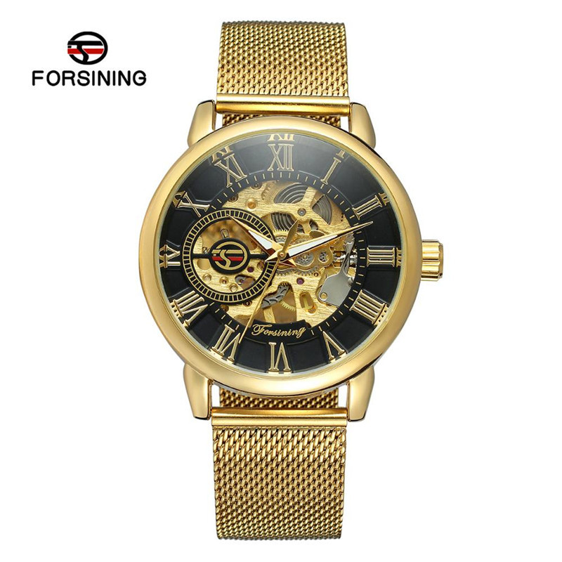 FORSINING/fusini hombres de acero inoxidable de negocios semiautomático reloj mecánico manual primavera A099