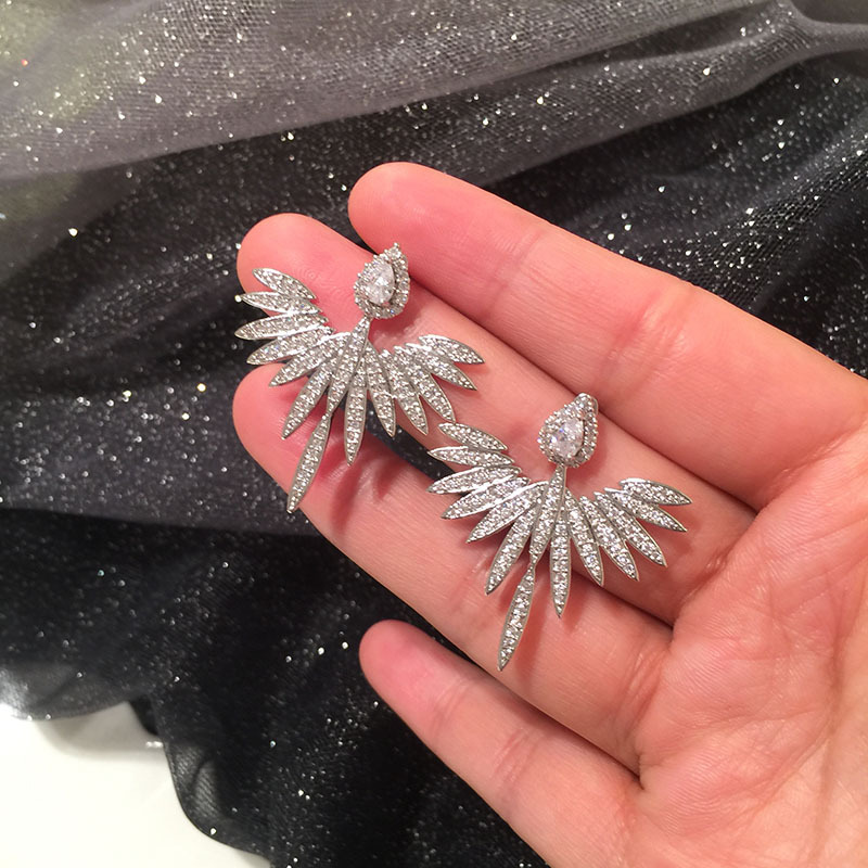 Fashion S925 Silver Needle Angel Wing Earrings Micro-set Zircon Water Drop Fan Earrings display picture 4