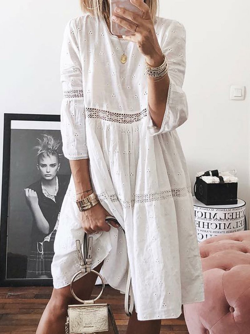 Summer Women Loose Lace Stitching Hollow Embroidery Three-quarter Sleeve  Dress | eBay