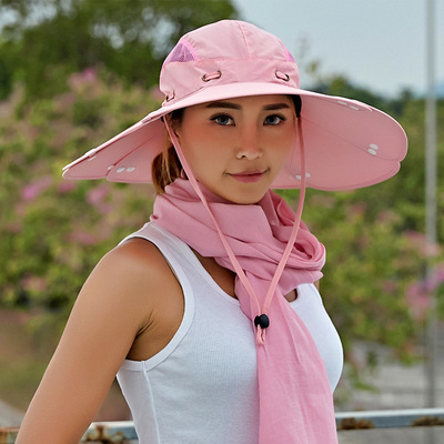 新款可折叠户外防晒防紫外线遮阳帽 夏季大沿遮脸帽大檐围巾帽子