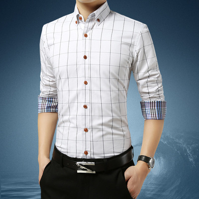 2019新款職業格子襯衫男裝長袖商務上班修身寸衣休閑襯衣韓版潮流