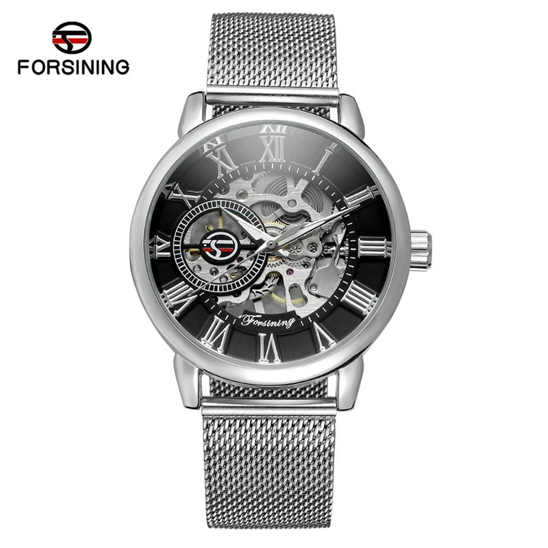 FORSINING/fusini hombres de acero inoxidable de negocios semiautomático reloj mecánico manual primavera A099