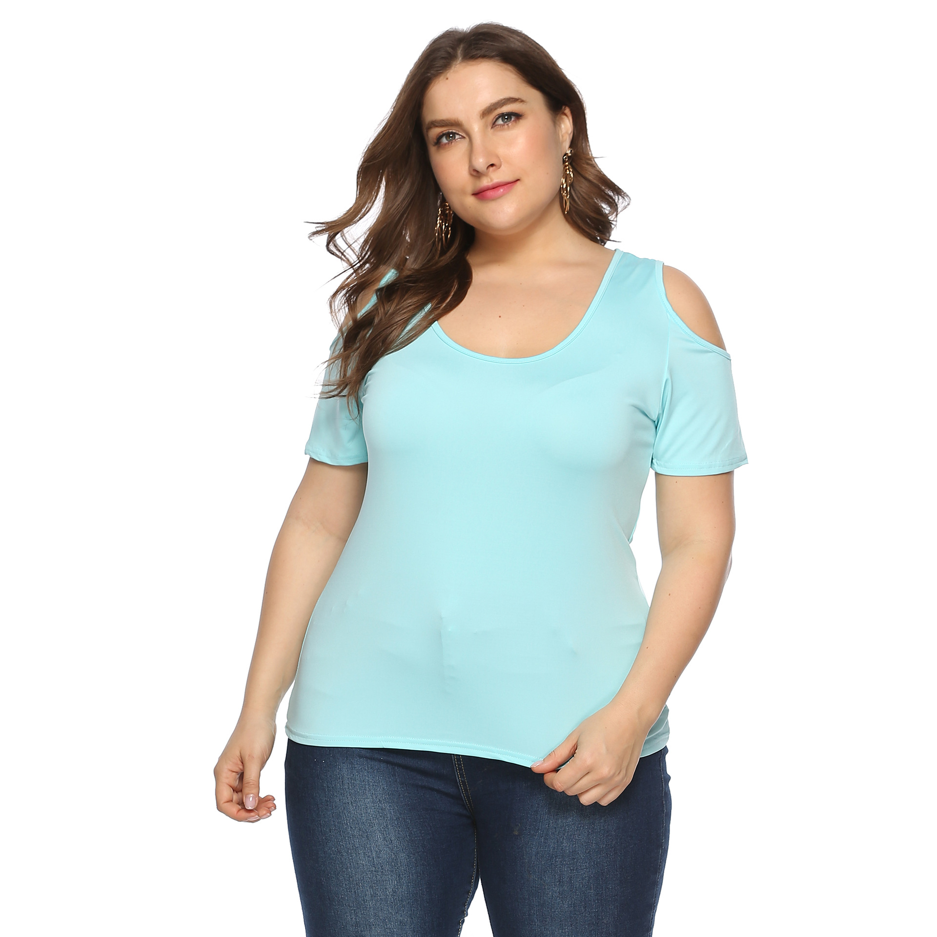 Plus Size Solid Color Simple Round Neck Strapless Short Sleeve T-Shirt NSOY27389