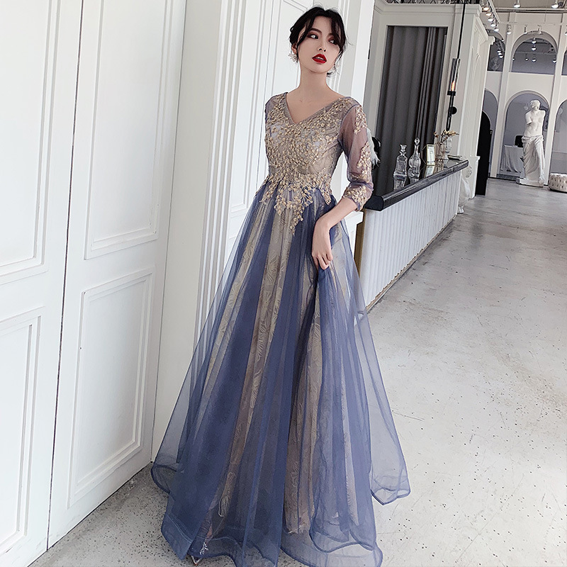 Evening Dresses cocktail party banquet dress vestido de banquete de cctel  Banquet evening dress blue V-