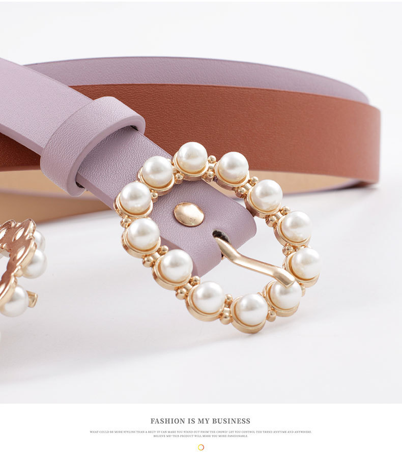 Pu Leather, Alloy Material Solid Color Pattern Women'S Gender Elegant Solid Color Pu Leather Alloy Inlay Artificial Pearls Women's Leather Belts