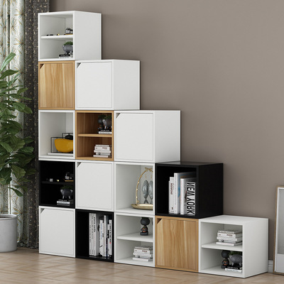 小柜子自由组合书柜简易书架储物收纳盒格子学校柜木质带门吟美|ms