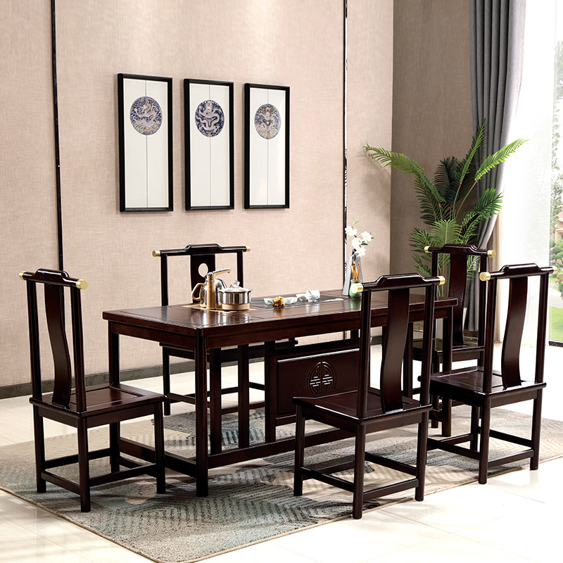 新中式橡木茶桌办公茶台自然边泡茶轻奢方形桌茶桌椅组合厂家直销