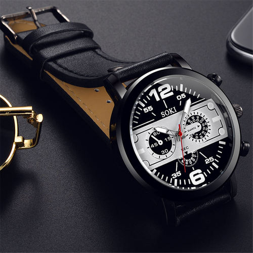 SOKI Factory-Delivered Casual Men's Watch Business Quartz Watch with PU Strap, Simple Student Sports Watch