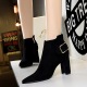 803-1 European and American fashion sexy thin and nude boots thick heel high suede pointed metal belt buckle women's short boots