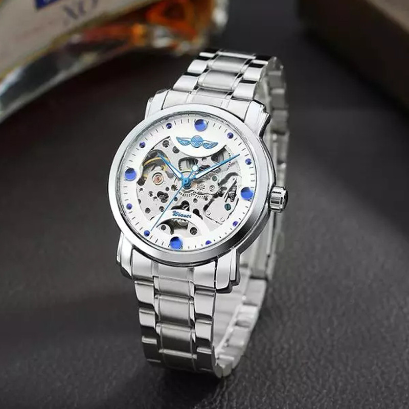 Winner8008 moda reloj mecánico automático de los hombres correa de acero reloj de negocios reloj mecánico transparente hueco de los hombres