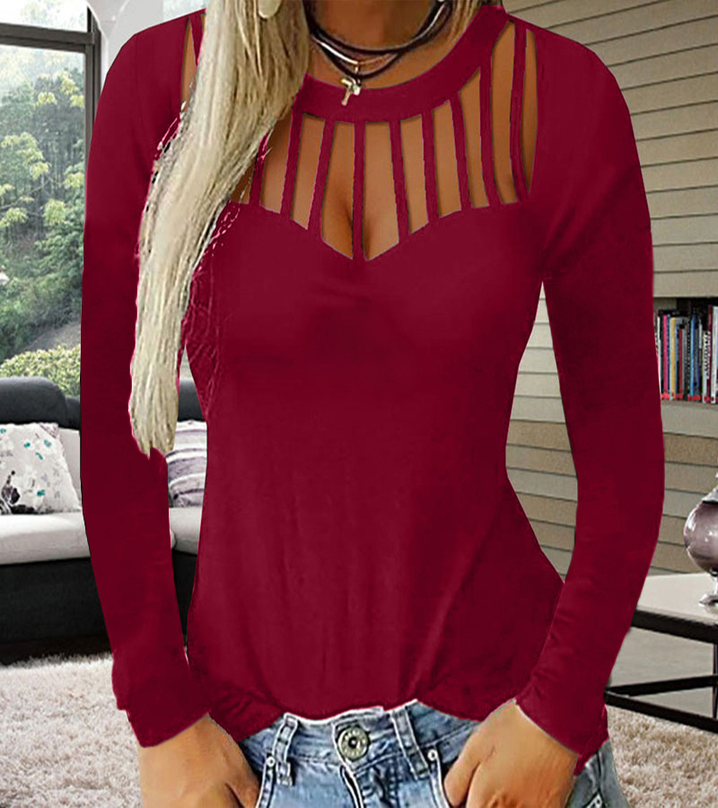 Solid Color Hollow Long-Sleeved T-Shirt NSYHY106893