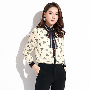 Printed Shirts Spring New Elite Bow Tie Turn-collar Long Sleeve 