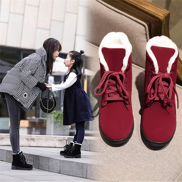 Snow boots women’s new winter short tube lace up short boots women’s fashion Plush warm cotton shoes parent-child 